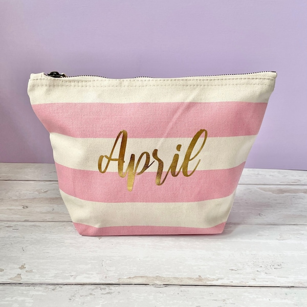 Personalised Makeup Bag - Customised Pink/Grey/Navy/Nautical Striped Canvas Accessory Bag with Gold or Silver Lettering-Birthday Gift - Hugs