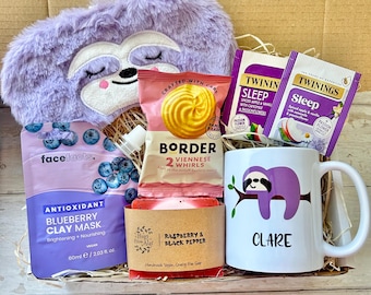 Sloth Gift Box, Custom Sloth Themed Gift, Personalised Mug Gift Set, Purple Pamper Package, Sleepy Sloth, Vegan Soap, Sleep Mask, Tea