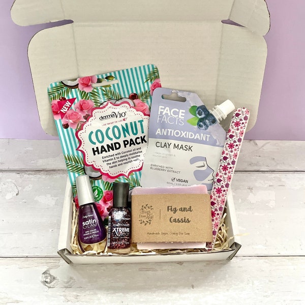 Pampering Hand, Nail and Face Mini Purple Gift Box, Nail Varnish Selection, Hand Cream Box, Face Mask Gift, Groom Gift, Care Package for her