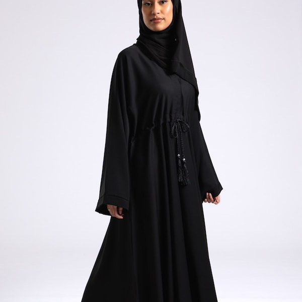 Plain Black Umbrella-cut Abaya with Inner Belt (Premium) | Long Black Umbrella Dress  | Flared Long Dress | Flared Flounce Dress | Eid gift