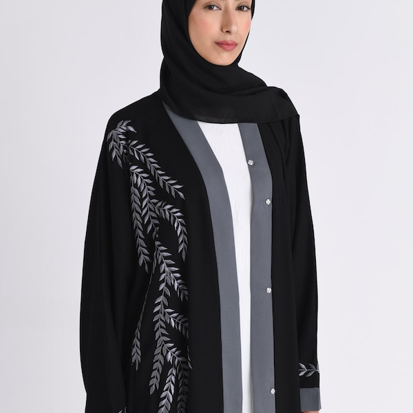 Black Floral Leaves Embroidered Open Abaya with Stone Blue Detailing / Summer Floral Dress  / Modest Dress for Women / Muslim Abaya Dress