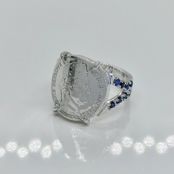 Bague pièce de monnaie - bague unique - pièces de collection France 1/4 Fr - bague argent - saphirs bleus - Taille 52.