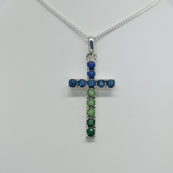 Collier argent 925 - collier croix argent - pendentif croix argent 925 - croix chrétienne - pierres oxydes de zirconium dégradé bleu/vert