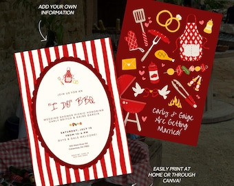 May include: Two invitation templates for a BBQ wedding shower. One features red and white stripes with text, the other a red background with BBQ-themed illustrations. The text reads "I Do" BBQ and "Carly & Gaige Are Getting Married!"