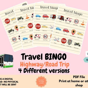 トラベルビンゴ デジタルダウンロード、インスタント PDF ダウンロード、子供用車乗車ワークシート、家族でドライブ旅行を印刷できるアクティビティ、高速道路バージョン