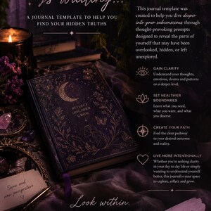 May include: A dark purple journal with gold foil celestial and floral illustrations on the cover, featuring the text REFLECT DISCOVER GROW. The page includes text about a journal template, eye, lotus, compass, and heart icons, and moon phases.