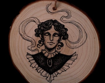 Ghost Lady Ornament | Occult Ornament | Wooden Ornament | Original Art | Ink Drawing | Witchy Decor | Yule | Gothic | Victorian