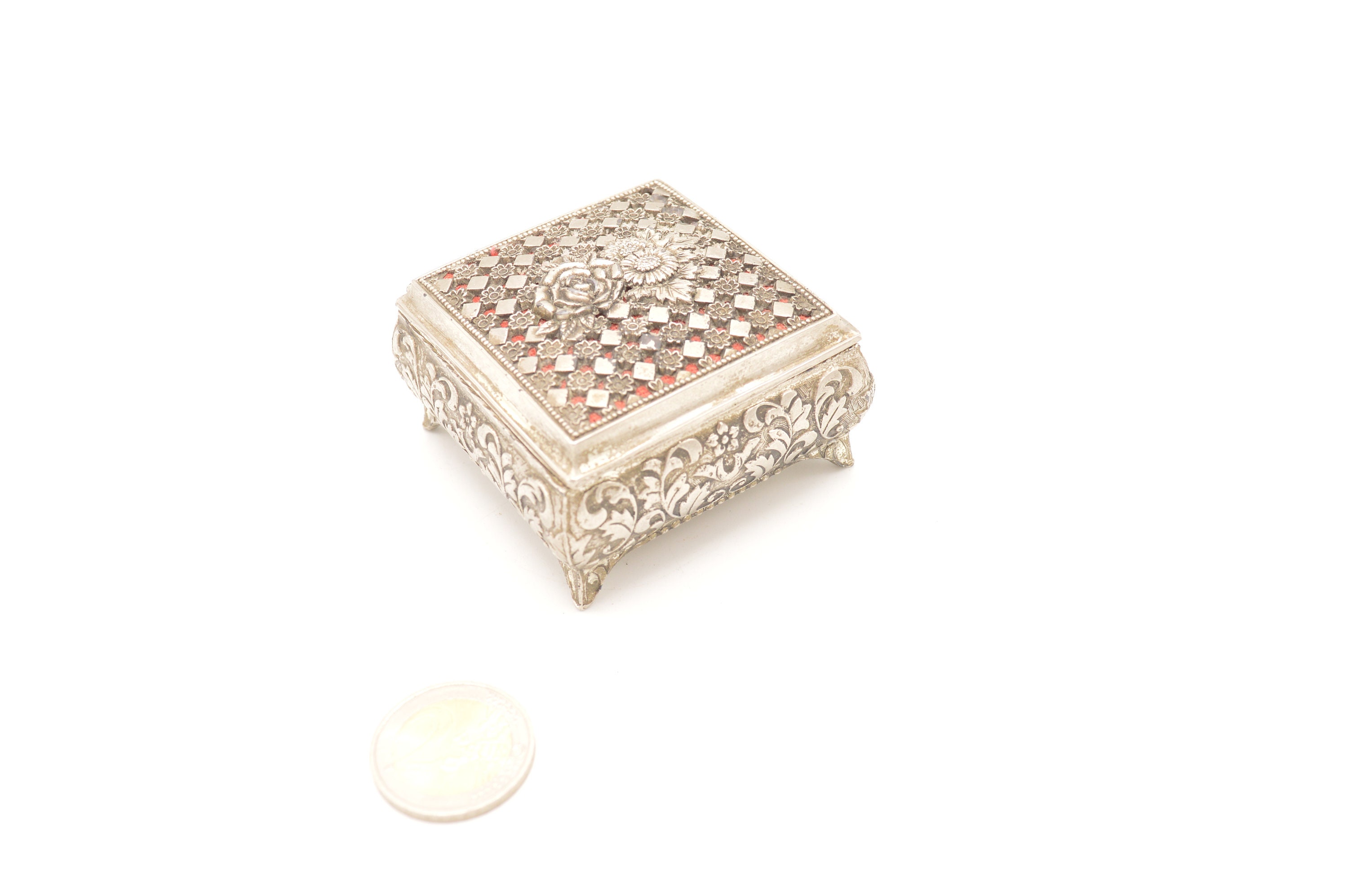 Pretty square metal jewelry box made in Japan