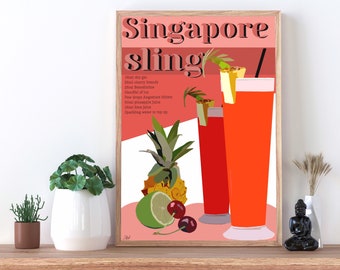 Cocktail Wall Art|Alcohol Cocktail Wall Art| Kitchen Decor Wall Art| Gifts For Her| New Home Wall Art| New Home Gifts| Singapore Sling Art