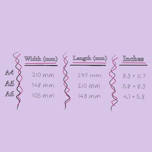 May include: A chart showing the dimensions of paper sizes A4, A5, and A6 in millimetres and inches. The chart shows the width and length of each paper size in millimetres and the dimensions in inches.
