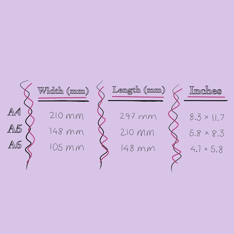 May include: A chart showing the dimensions of paper sizes A4, A5, and A6 in millimetres and inches. The chart shows the width and length of each paper size in millimetres and the dimensions in inches.
