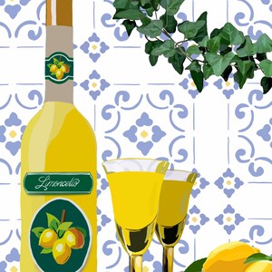 May include: A bottle of Limoncello liqueur with a green label and a lemon design. Two glasses of Limoncello are on a table with lemons and a green vine.
