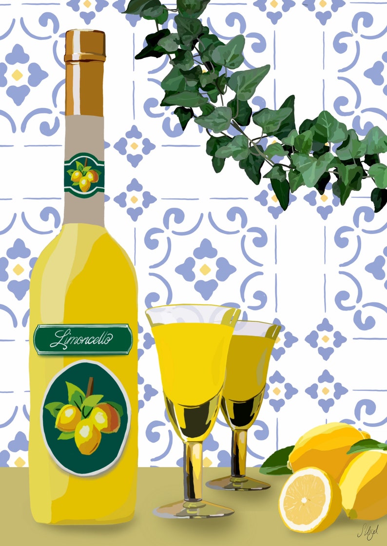 May include: A bottle of Limoncello liqueur with a green label and a lemon design. Two glasses of Limoncello are on a table with lemons and a green vine.