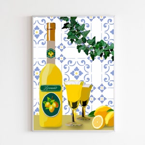 May include: A bottle of Limoncello liqueur with a green label and a lemon design. Two glasses of Limoncello are on a table with lemons and a green vine.