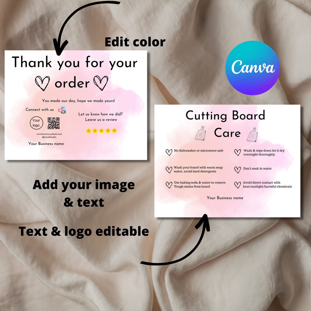 Cutting Board Care Instructions Card Canva Template Printable Etsy