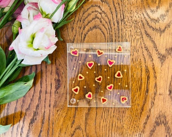 Square Glass Coasters with Hand Painted  Red and Gold Hearts Design