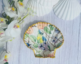 Scallop Shell Trinket Dish, Blue Crested Bird Design Decoupage