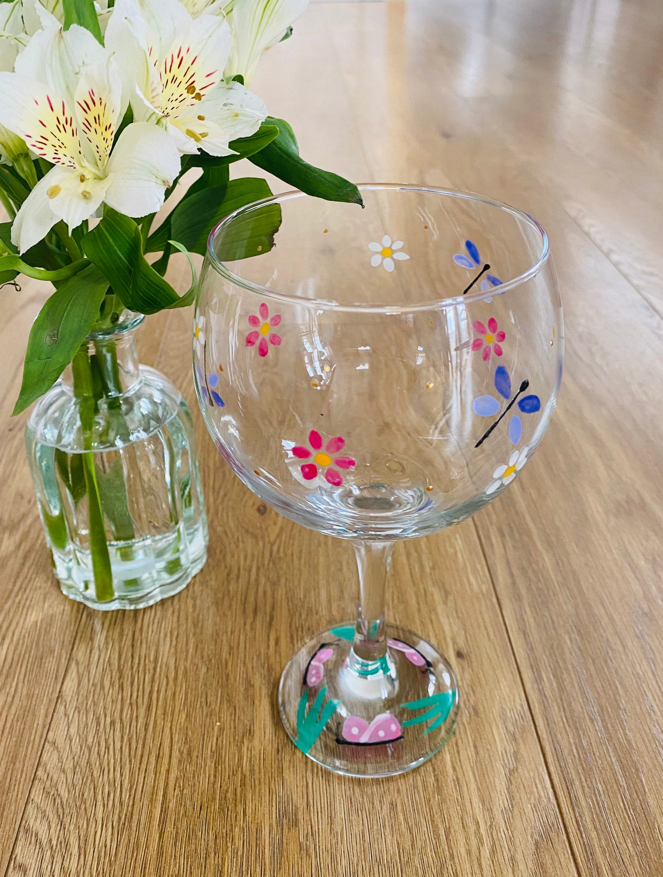 Hand Painted Gin Glasses, Flowers and Dragonflies Design and Butterfly