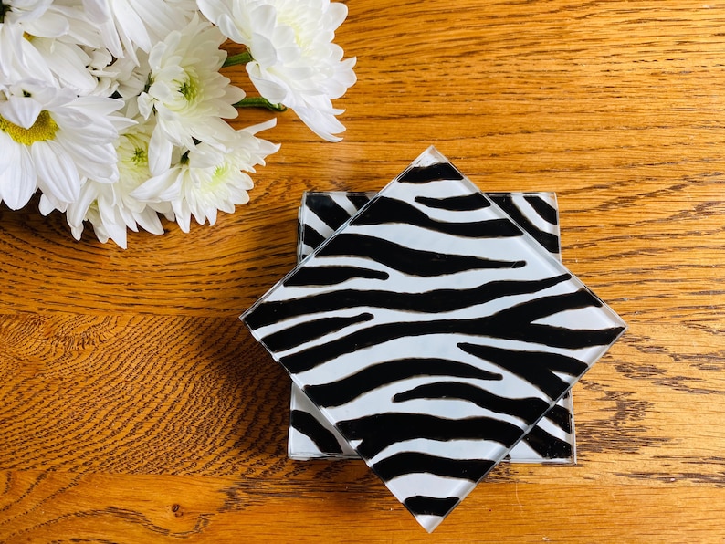 Square Glass Coasters With Hand Painted Zebra Print Design Etsy