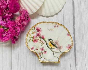 Scallop Shell Trinket Dish, Bird and Blossom Design Decoupage