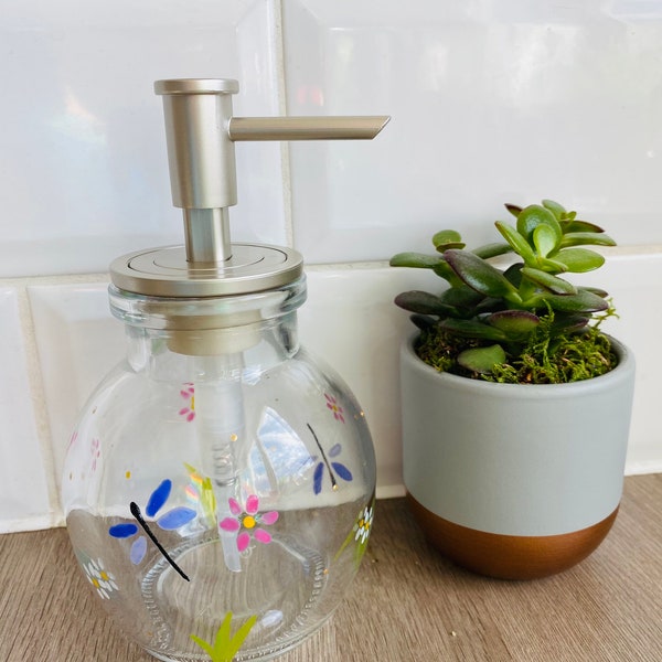 Hand painted glass soap dispenser with dragonfly and flowers design, refillable soap pump