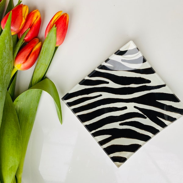 Square Glass Trinket Dish with Hand Painted Zebra Print Design, Curved Edges