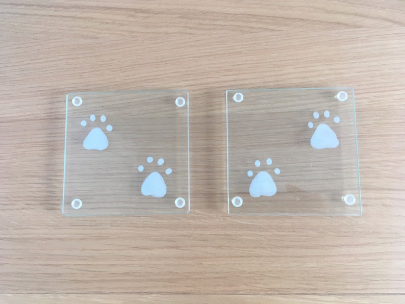 Square Glass Coasters with Hand Painted Paw Print Design image 3