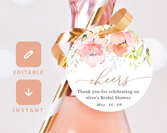 Bridal Shower Cheers Favor Tags Champagne Wine Round Circle Tag Wedding Pink Floral Rose Gold Editable Printable Instant Download