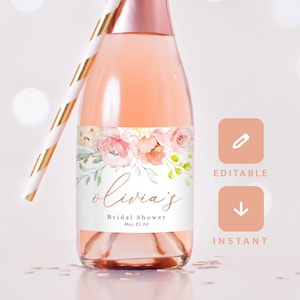 Mini Champagner Flasche Etiketten Brautparty Gefälligkeiten Hochzeit Brautjungfer Geschenk Blush rosa Rose Gold Geburtstag bearbeitbare druckbare sofortige Download
