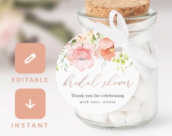 Editable Blush Pink Bridal Shower Favor Tags Round Circle Tags Template Floral Rose Gold Thank You Gift Tags Printable Instant Download