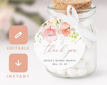 Blush Pink Bridal Shower Thank You Favor Tags Round Circle Tags Template Floral Rose Gold Gift Tags Editable Printable Instant Download