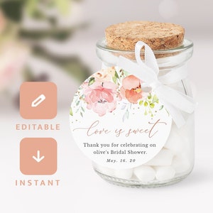 Bridal Shower Love Is Sweet Favors Tags Round Circle Wedding Baby Shower Cookie Tag Blush Pink Floral Rose Gold Editable Instant Download