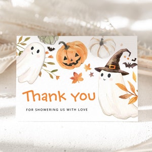 Little Boo Halloween babyshower bedankkaart sjabloon, afdrukbare pompoen bedankje, herfst rustiek bedankt tafel plaatskaart, download
