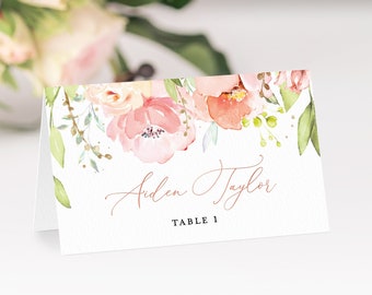 Blush rosa Hochzeit Tischkarte, Rose Gold Name Kartenvorlage, druckbare Blumen Dekor Tischkarte, DIY Sofort Download