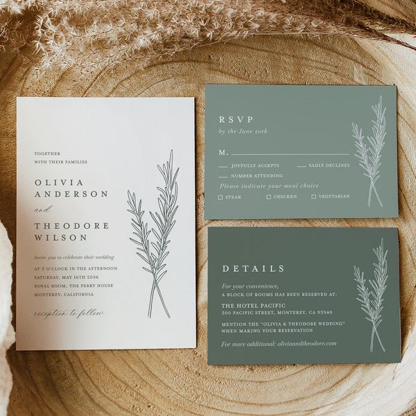 Ensemble de modèles d'invitation de mariage minimaliste vert sauge, suite d'invitation de mariage bohème botanique, détails simples élégants de romarin, RSVP, téléchargement