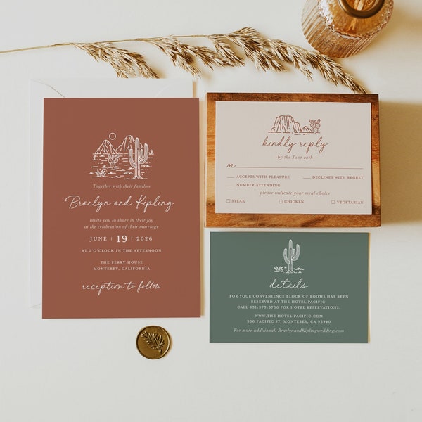 Desert Terracotta Wedding Invitation Template Set Cactus Wedding Invite Suite Sage Minimal Modern Western Details RSVP Card Download