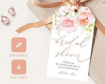 Może przedstawiać: Drukowana etykieta na przyjęcie panieńskie z akwarelowym wzorem kwiatowym w odcieniach różu i brzoskwini. Etykieta zawiera napis "bridal shower" w miedzianym kolorze czcionki i tekst "Thank you for celebrating with us on our special day with love..."