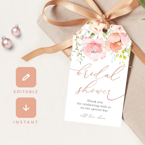 Editable Blush Pink Bridal Shower Favor Tags Template Floral Rose Gold Thank You Favor Tags Gift Tags Printable Instant Download