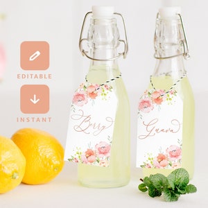 Tag modificabili per bar da bere per addio al nubilato o baby shower, bar frizzante o mimosa, decorazioni floreali in oro rosa rosa cipria, download istantaneo