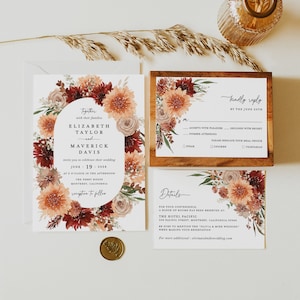 Terracotta Wedding Invitation Template Set, Boho Floral Wedding Invites Suite, Elegant Garden Burnt Orange Beige Details RSVP, Download