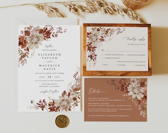 Fall Terracotta Wedding Invitation Template Set, Rustic Greenery Wedding Invite Suite, Boho Autumn Beige Floral Elegant Details, RSVP