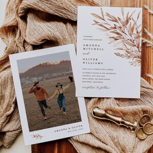 Modèle de faire-part de mariage en terre cuite, faire-part de mariage automne rustique, faire-parts bohème élégant orange brûlé, carte photo imprimable verdure