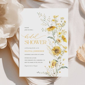 Modèle d&#39;Invitation de douche nuptiale tournesol, invitations de douche de fleurs sauvages Boho, douche florale jaune sauge modifiable imprimable, téléchargement immédiat