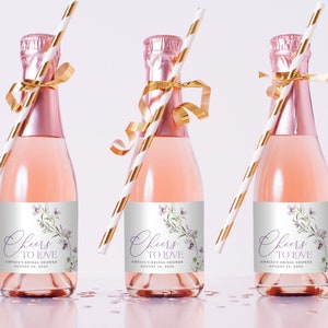 Mini Champagnefles Etiketten, Bruidsdouche Sjabloon, Lavendel Bloemen Bewerkbare Afdrukbare Bruiloft Gunsten Sticker, Instant Download, Lana