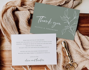 Sage Greenery Wedding Thank You Card Template, Minimalist Botanical Thank You Note, Modern Simple Thank You Table Place Card, Download