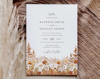 Fall Mountain Wedding Invitation Template, Boho Wildflower Terracotta Wedding Invites, Rustic Forest Printable Wedding Card, Download