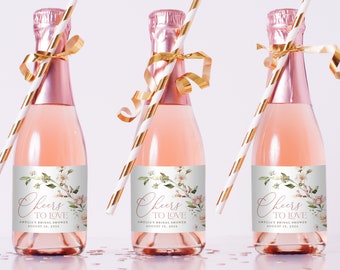 Mini Champagne Bottle Labels, Bridal Shower Template, Blush Pink Floral Editable Printable Wedding Favors Sticker, Instant Download, Leah