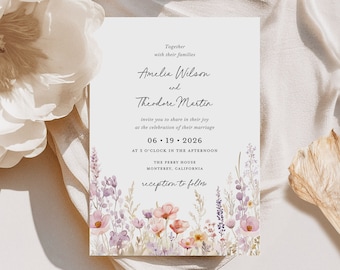 Lilac Pink Wildflower Wedding Invitation Template, Boho Lavender Wedding Invites, Colorful Whimsical Dusty Blush Pink Wedding Invitations