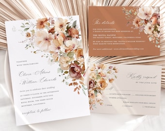 Boho Terracotta Wedding Invitation Template Set, Floral Wedding Invite Suite, Garden Burnt Orange Elegant Details, RSVP, Instant Download