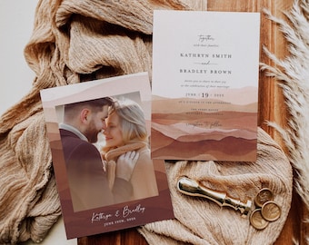 Minimalist Terracotta Wedding Invitation Template, Modern Desert Wedding Invites, Printable Boho Watercolor Wedding Invitation, Download